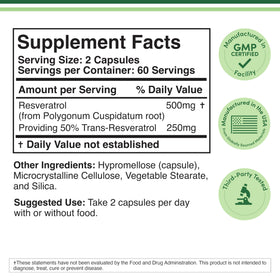Flacon de Double Wood Resveratrol 500mg avec informations nutritionnelles