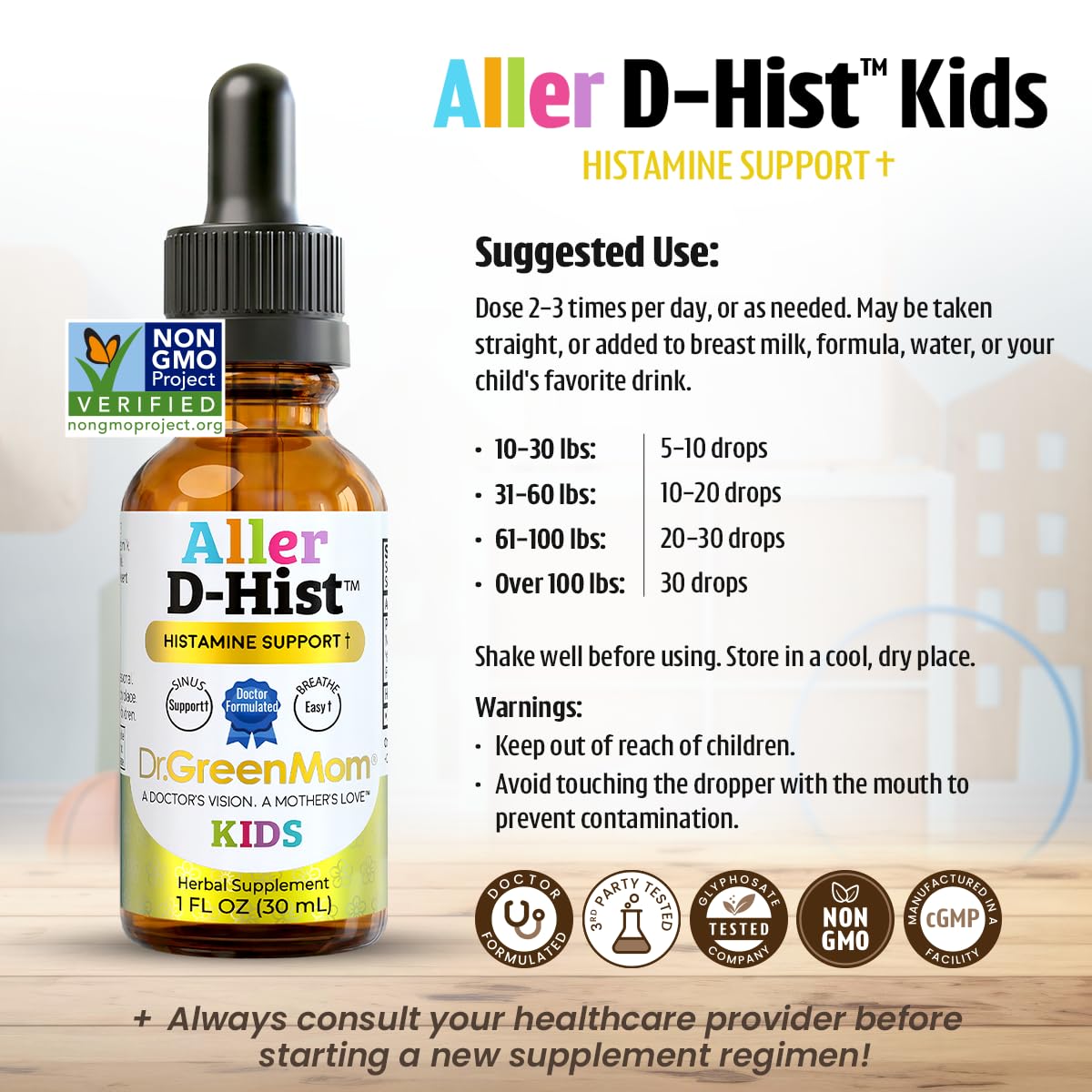 Flacon de Dr. Green Mom Aller D-Hist Kids sur un fond blanc
