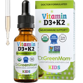 Flacon de Dr. Green Mom Gouttes de Vitamine D3 K2 Bio 400 IU vue de face