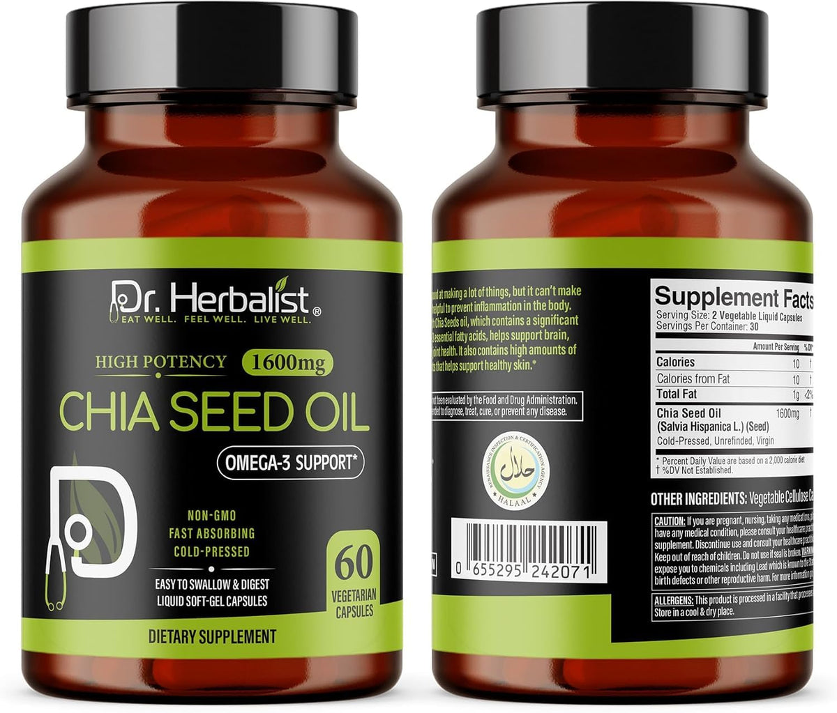 Flacon de Dr. HERBALIST Huile de Graines de Chia 1600mg avec étiquette