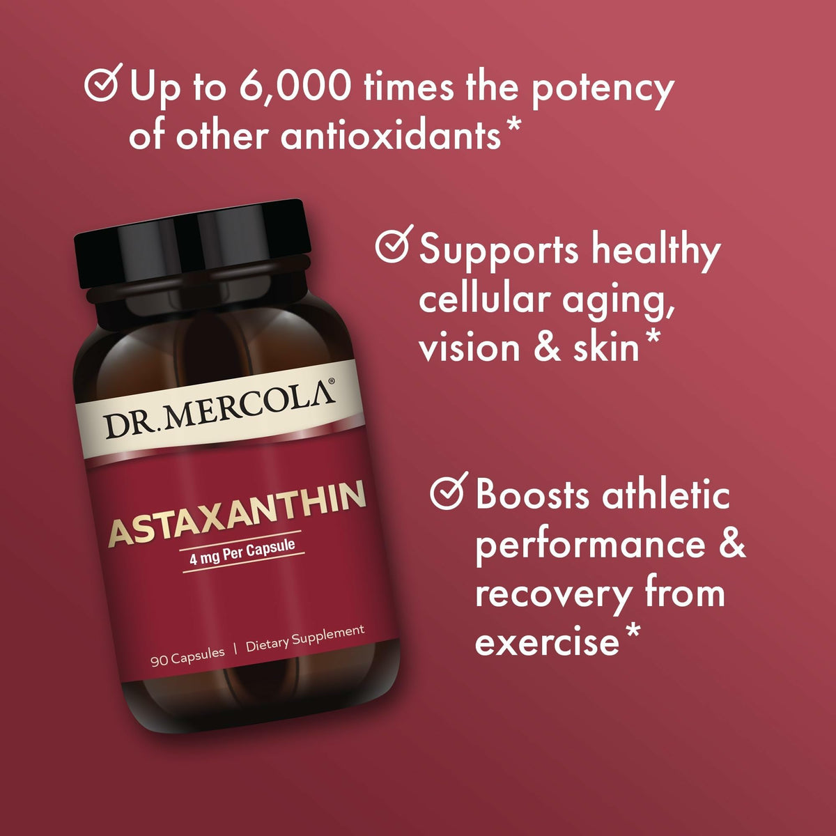 Flacon de Dr. Mercola Astaxanthin avec bouchon ouvert