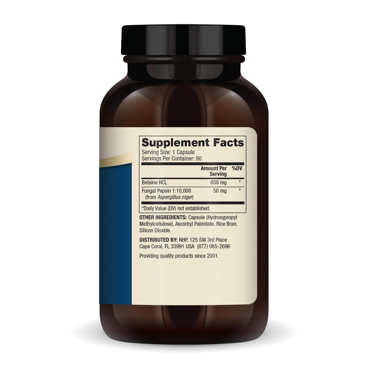 Flacon de Dr. Mercola Betaine HCL et Pepsine avec étiquette