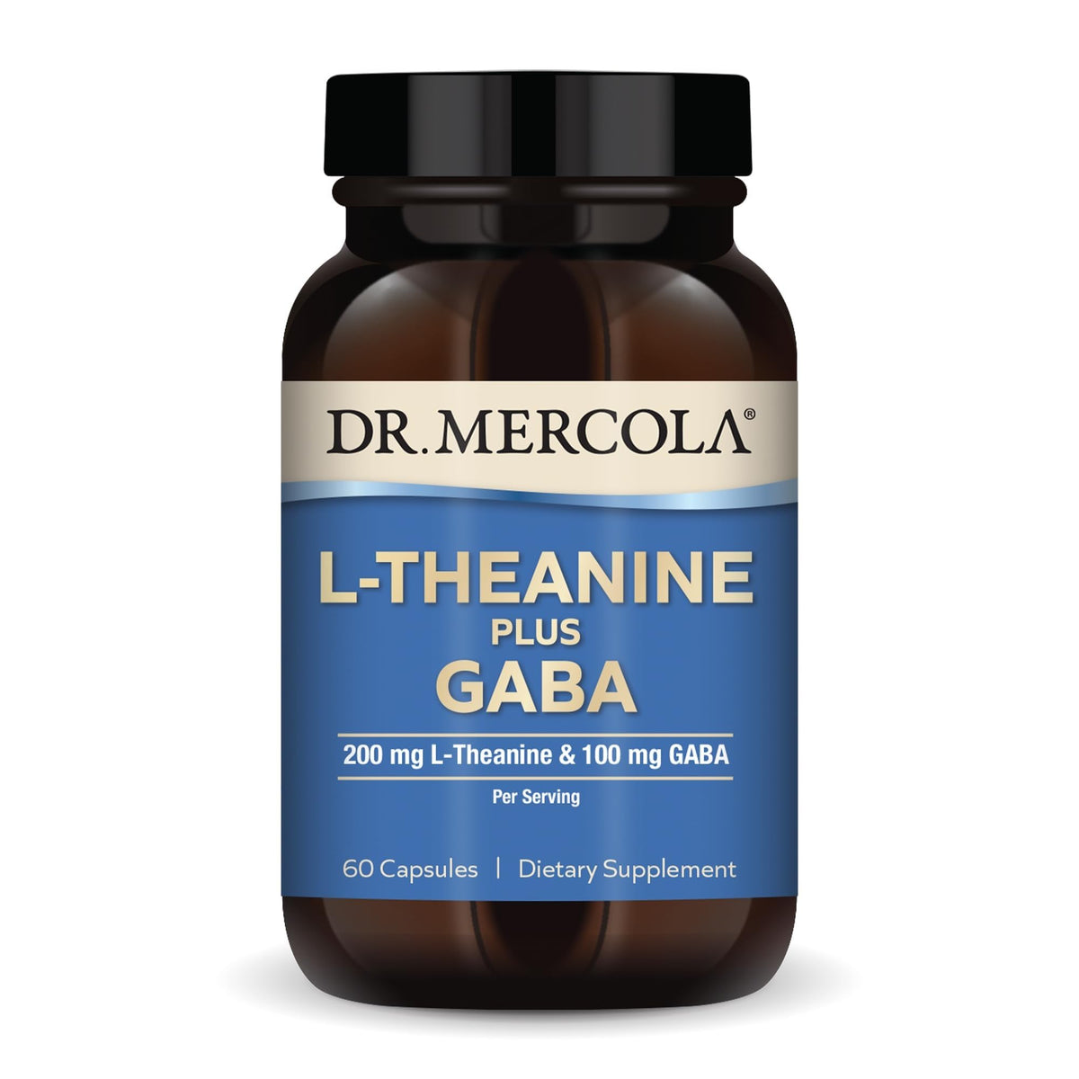 Flacon de Dr. Mercola L-Theanine Plus GABA 200 mg 60 capsules