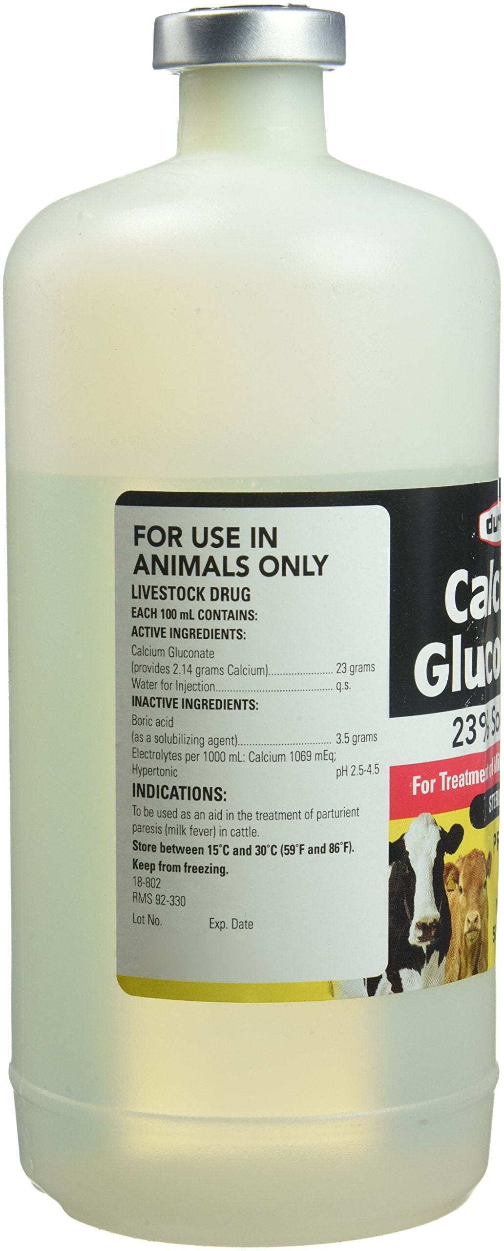 Flacon de Durvet Gluconate de Calcium 23% avec étiquette détaillant l'utilisation