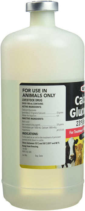 Flacon de Durvet Gluconate de Calcium 23% avec étiquette détaillant l'utilisation