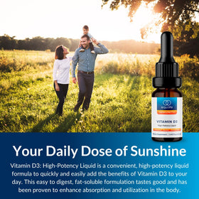 Flacon de Equilife Vitamine D3 avec un verre d'eau