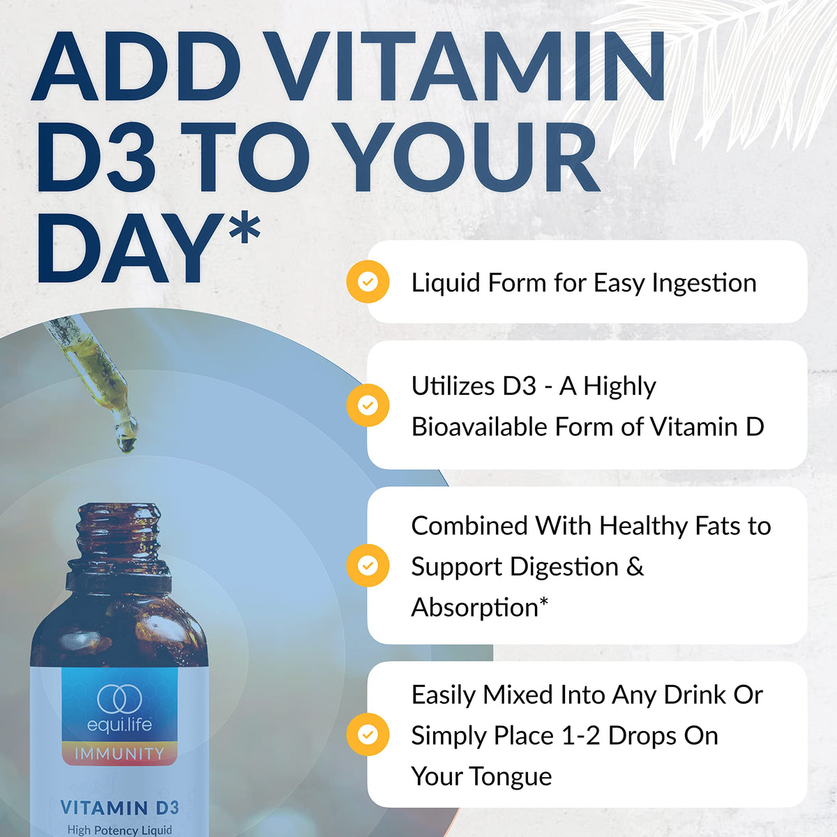 Flacon de Equilife Vitamine D3 avec un verre de smoothie