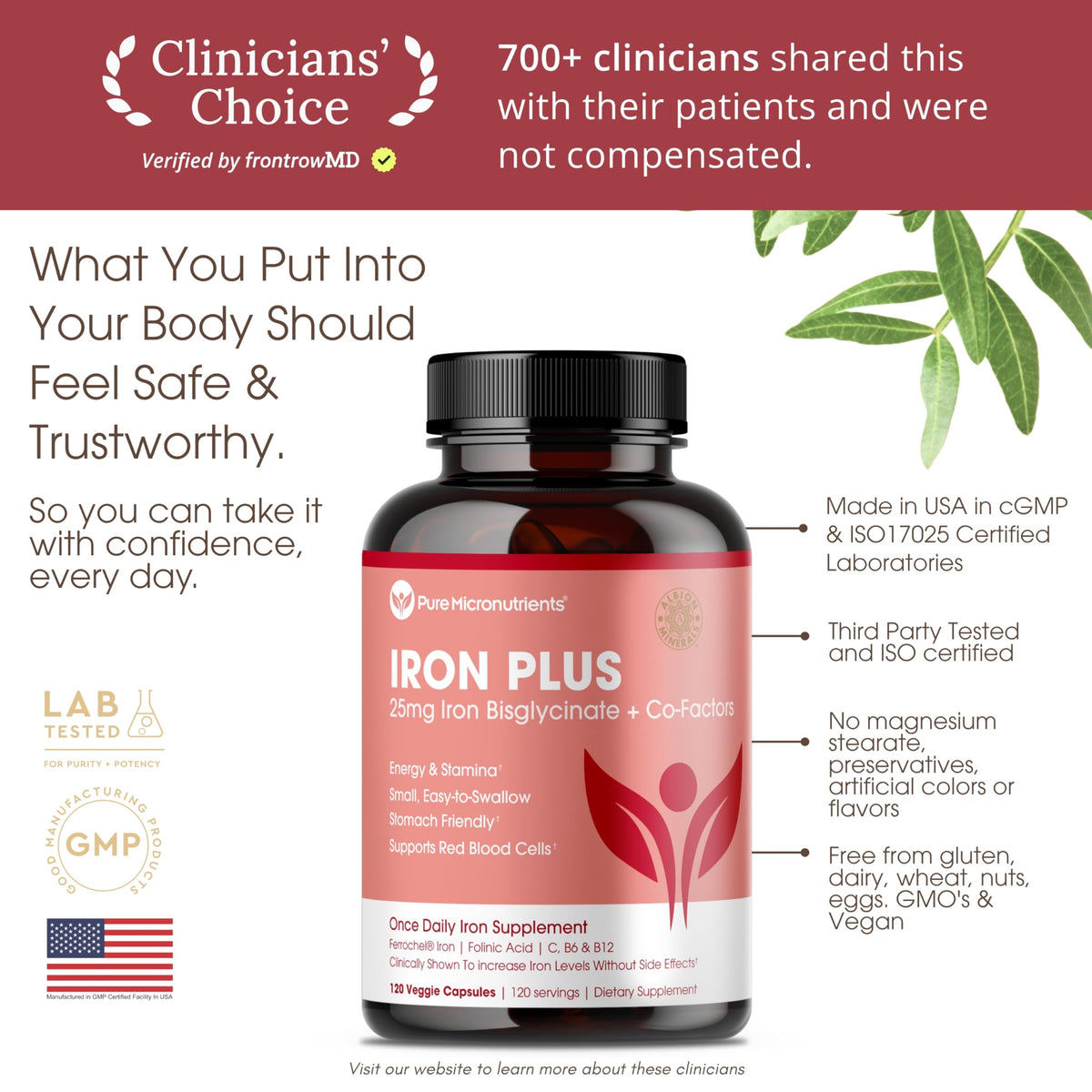 Flacon de Fer Bisglycinate 25mg avec capsules à côté