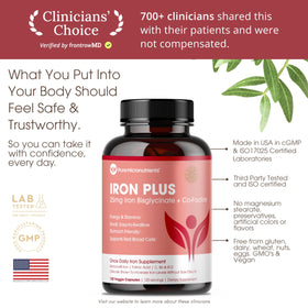 Flacon de Fer Bisglycinate 25mg avec capsules à côté