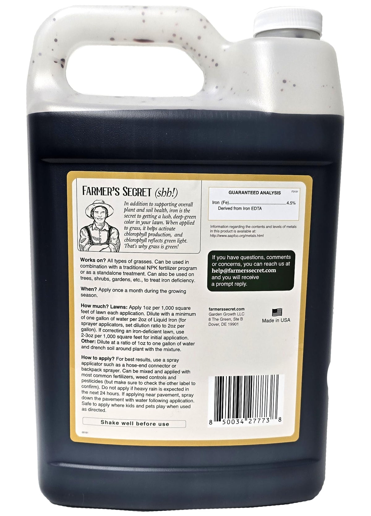 Flacon de Fer Liquid Farmer's Secret avec étiquette et dosage