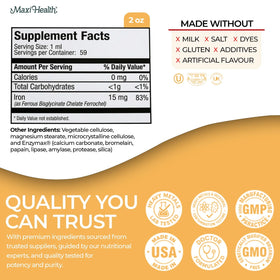 Flacon de fer liquide Maxi Health 15 mg saveur baie avec une cuillère doseuse
