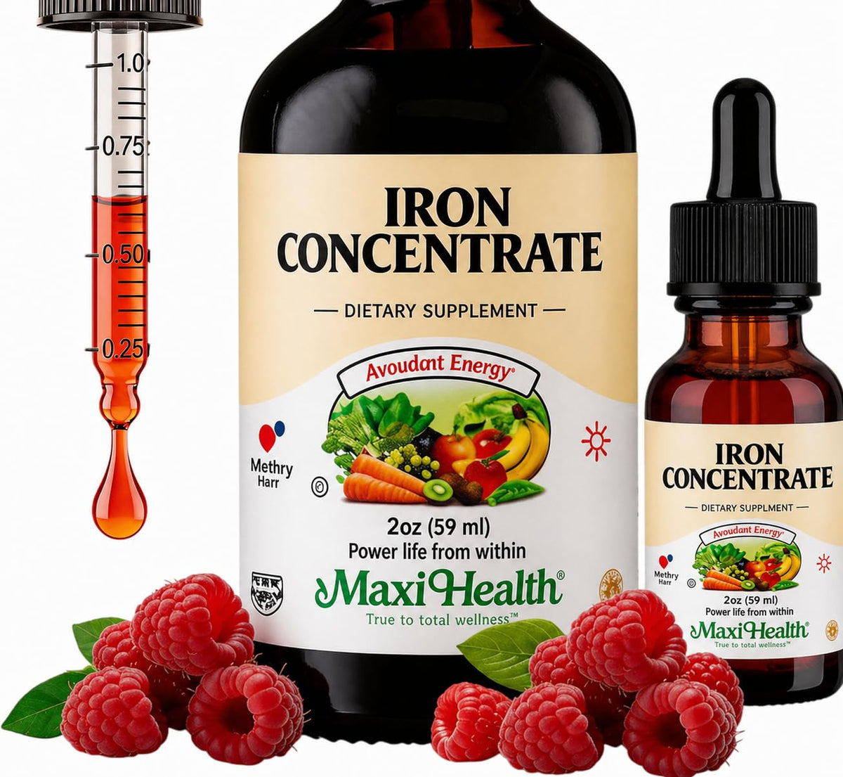Flacon de fer liquide Maxi Health 15 mg saveur baie vue de face