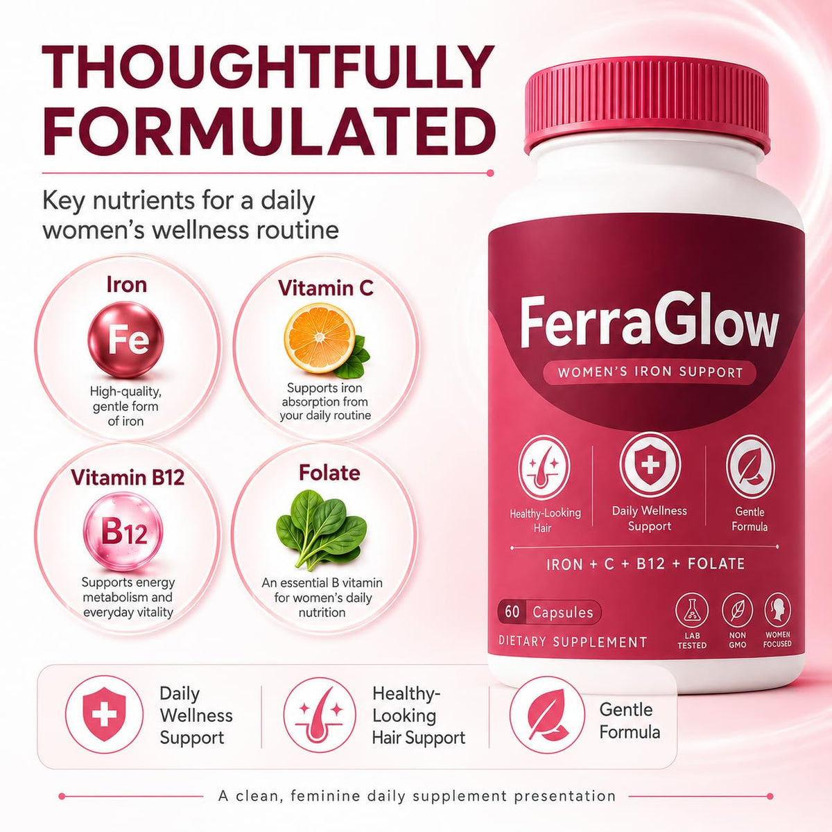 Flacon de FerraGlow NOVORIC avec des légumes frais en arrière-plan