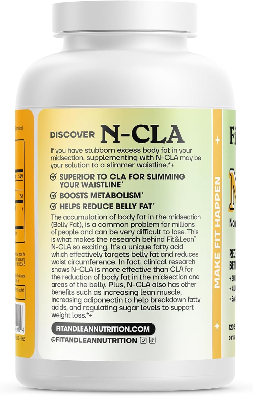 Flacon de Fit & Lean N-CLA avec étiquette détaillant les ingrédients