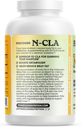 Flacon de Fit & Lean N-CLA avec étiquette détaillant les ingrédients
