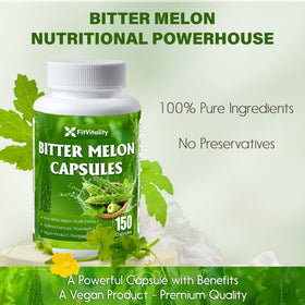 Flacon de FitVitality avec capsules de melon amer sur fond blanc