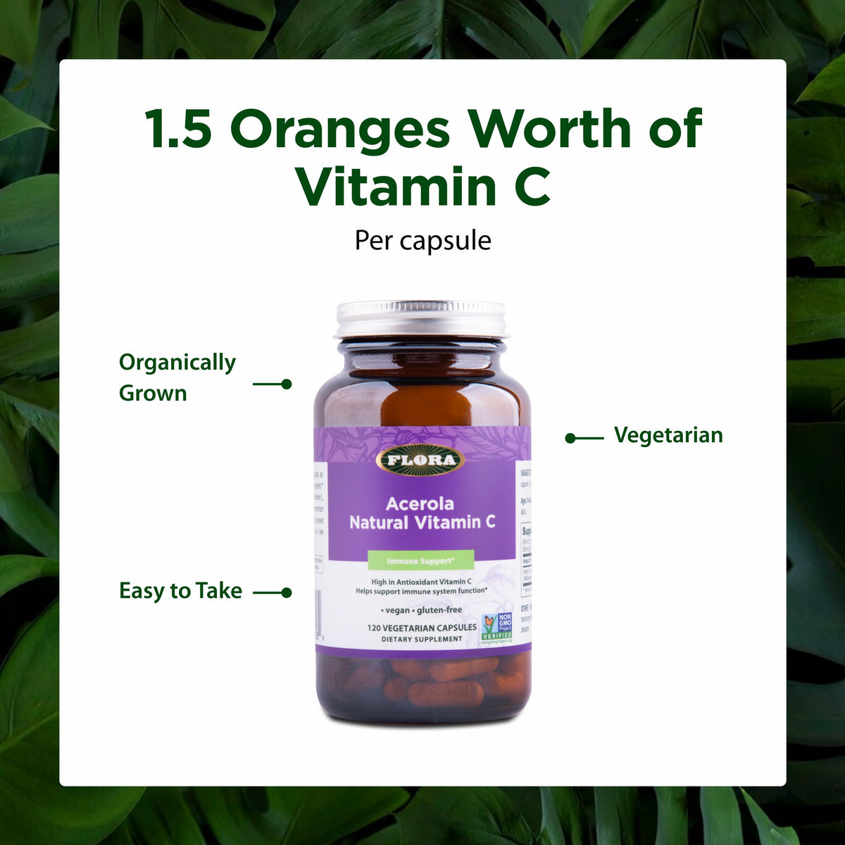 Flacon de Flora Acerola Vitamine C ouvert avec capsules visibles