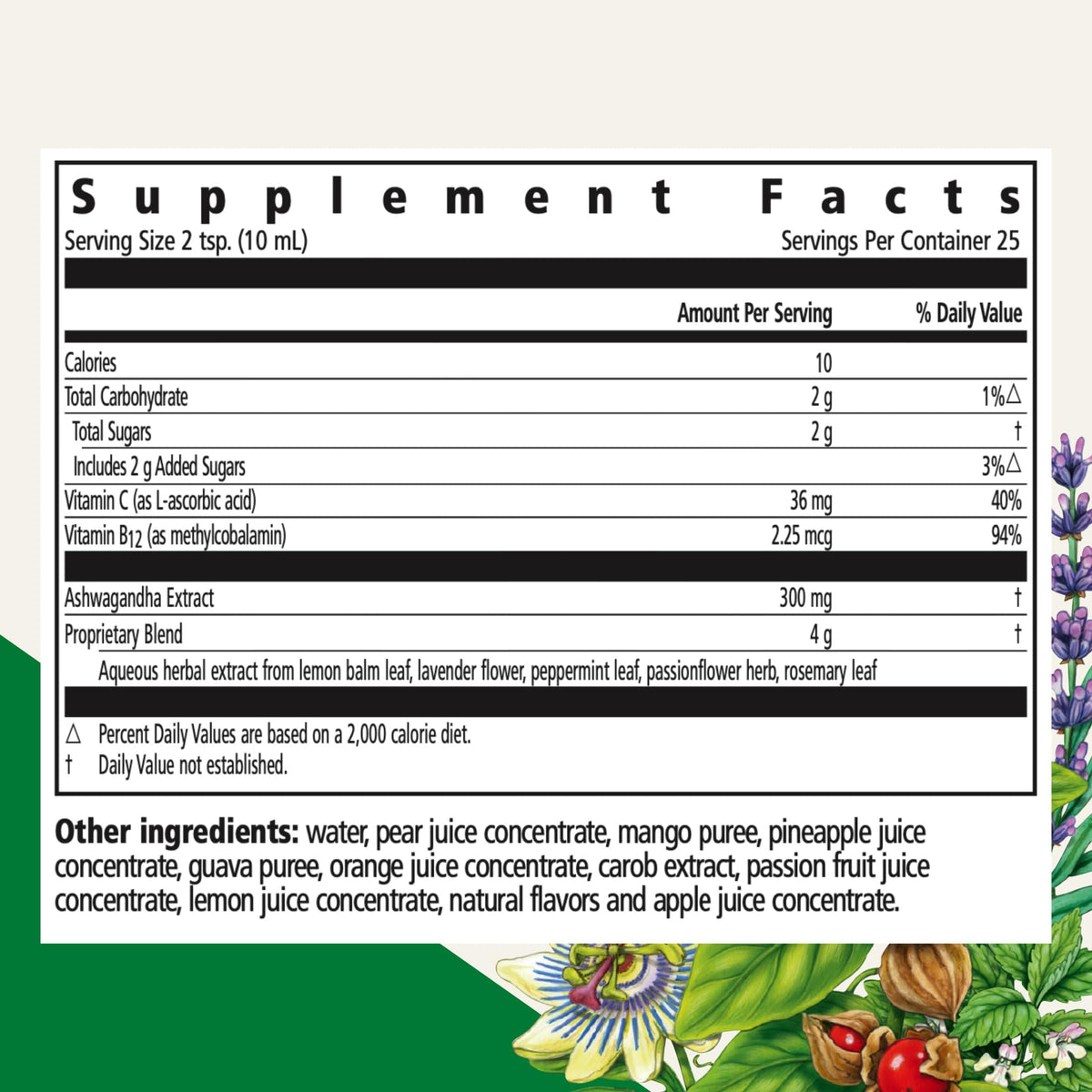 Flacon de Floradix Ashwagandha avec étiquette sur le côté