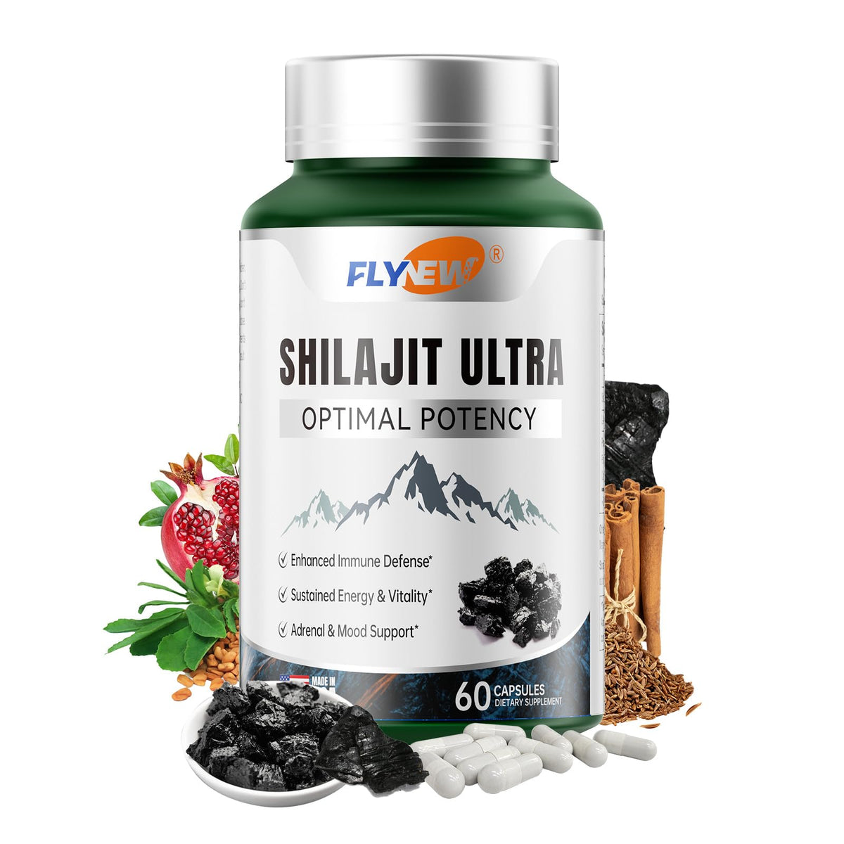 Flacon de Flynew Shilajit 60 capsules vue de face