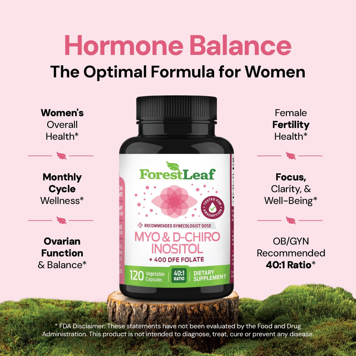 Flacon de ForestLeaf Myo-Inositol avec étiquette et capsules visibles