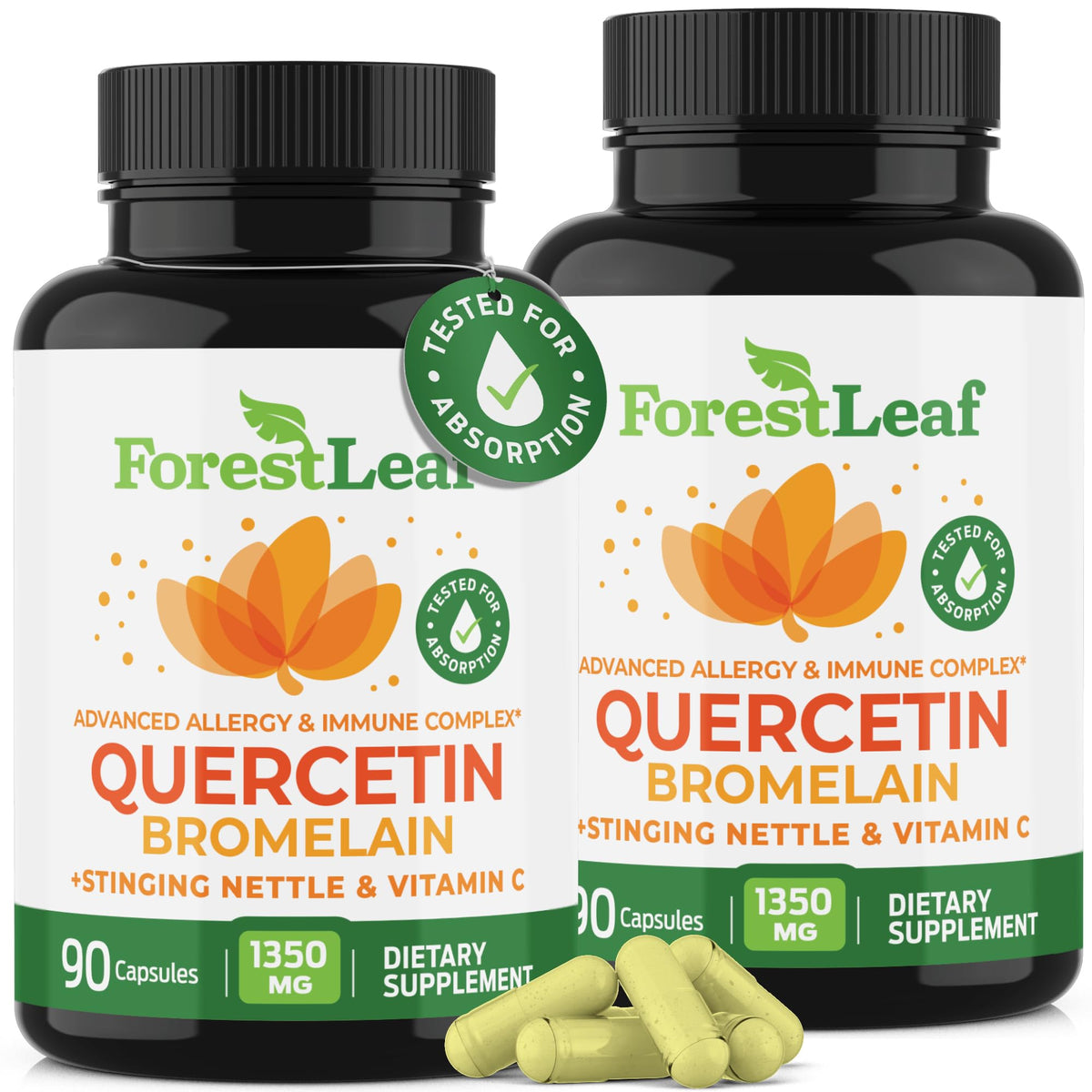 Flacon de ForestLeaf Quercétine 1350mg avec Bromélaïne, 180 capsules végétales
