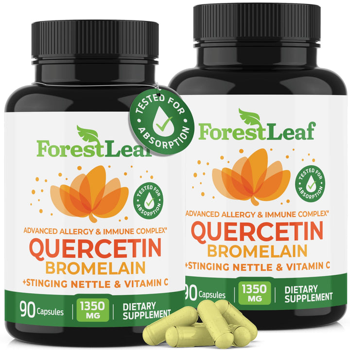 Flacon de ForestLeaf Quercétine 1350mg avec Bromélaïne, 180 capsules végétales