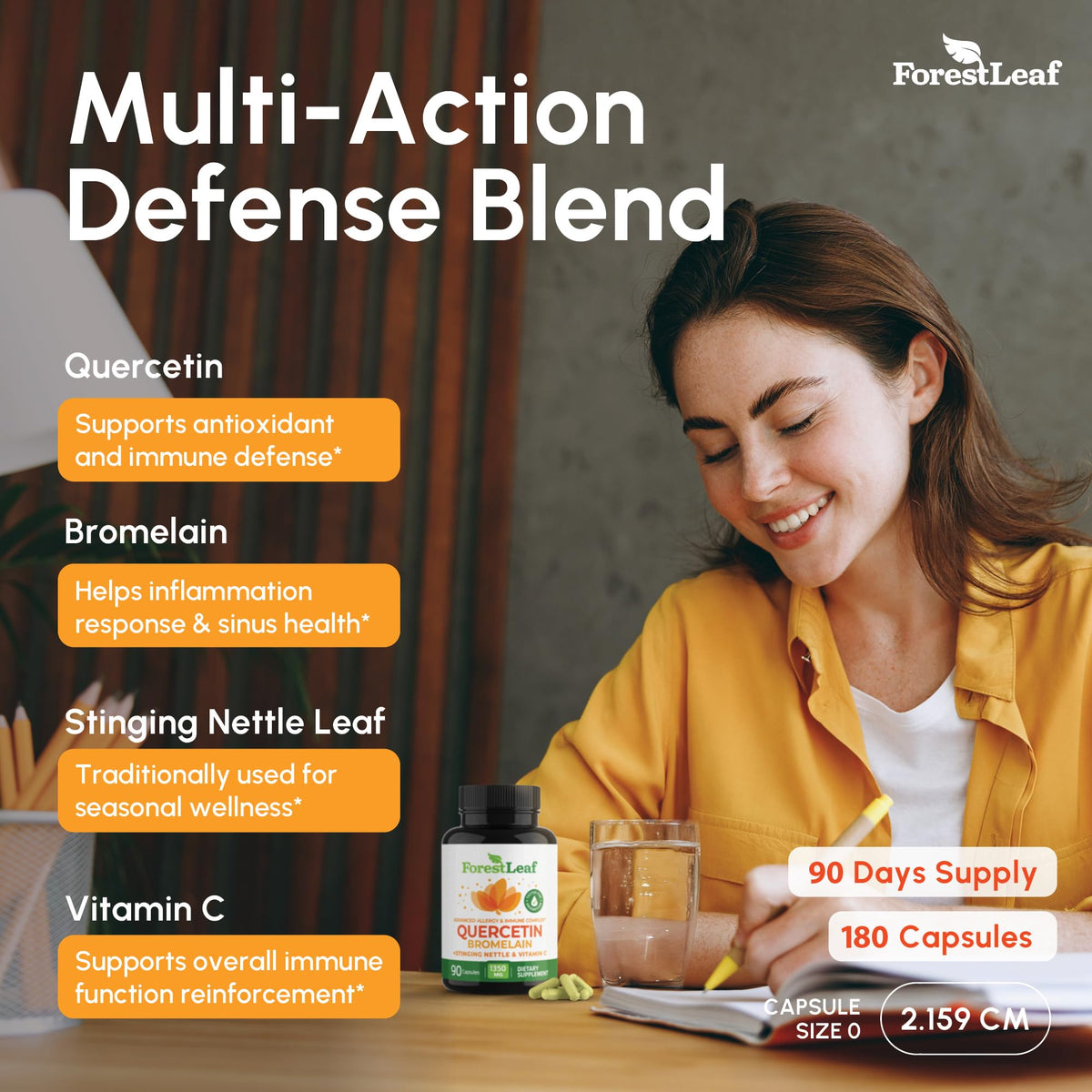 Flacon de ForestLeaf Quercétine ouvert avec capsules visibles