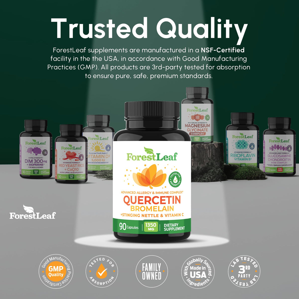 Flacon de ForestLeaf Quercétine sur un fond naturel