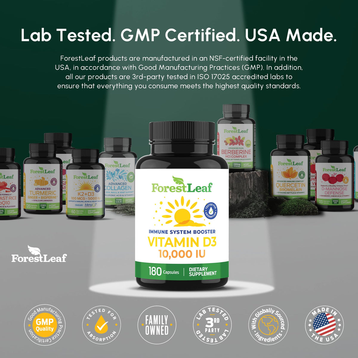 Flacon de ForestLeaf Vitamine D3 10 000 UI sur un fond neutre