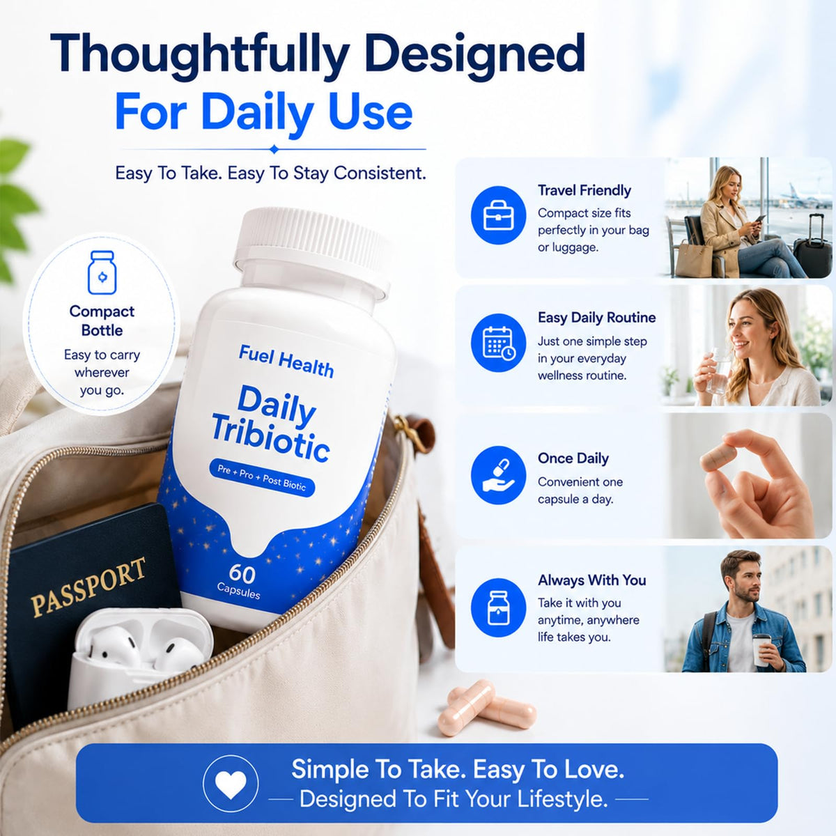 Flacon de Fuel Health Tribiotic avec capsules à côté