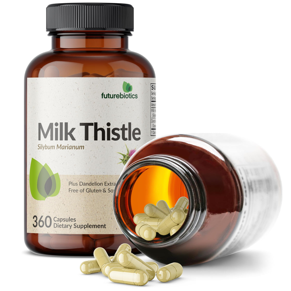Flacon de Futurebiotics Chardon-Marie + Pissenlit ouvert avec capsules