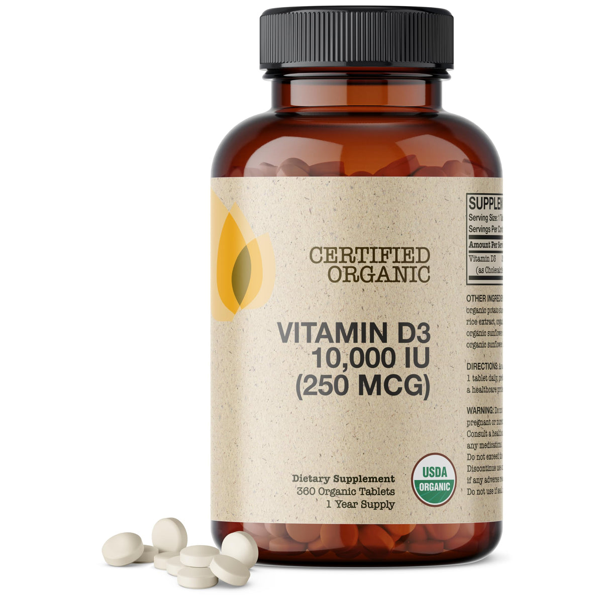 Flacon de Futurebiotics Vitamine D3 10 000 UI 360 comprimés organiques