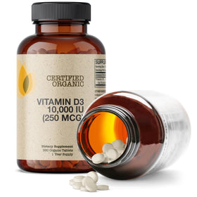 Flacon de Futurebiotics Vitamine D3 10 000 UI ouvert avec comprimés