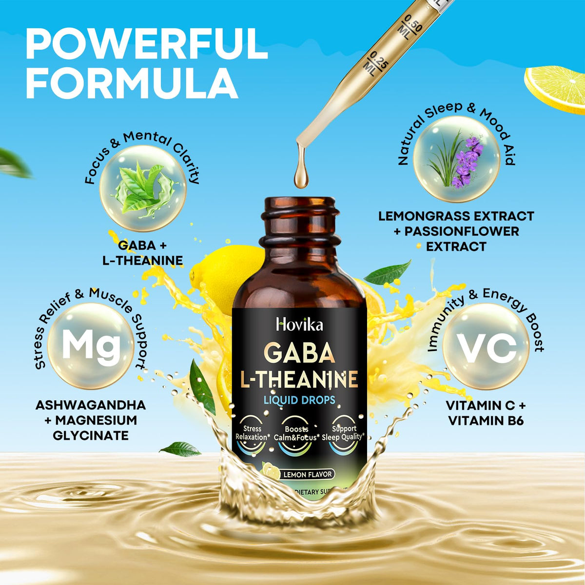 Flacon de GABA L-Théanine Hovika avec bouchon ouvert