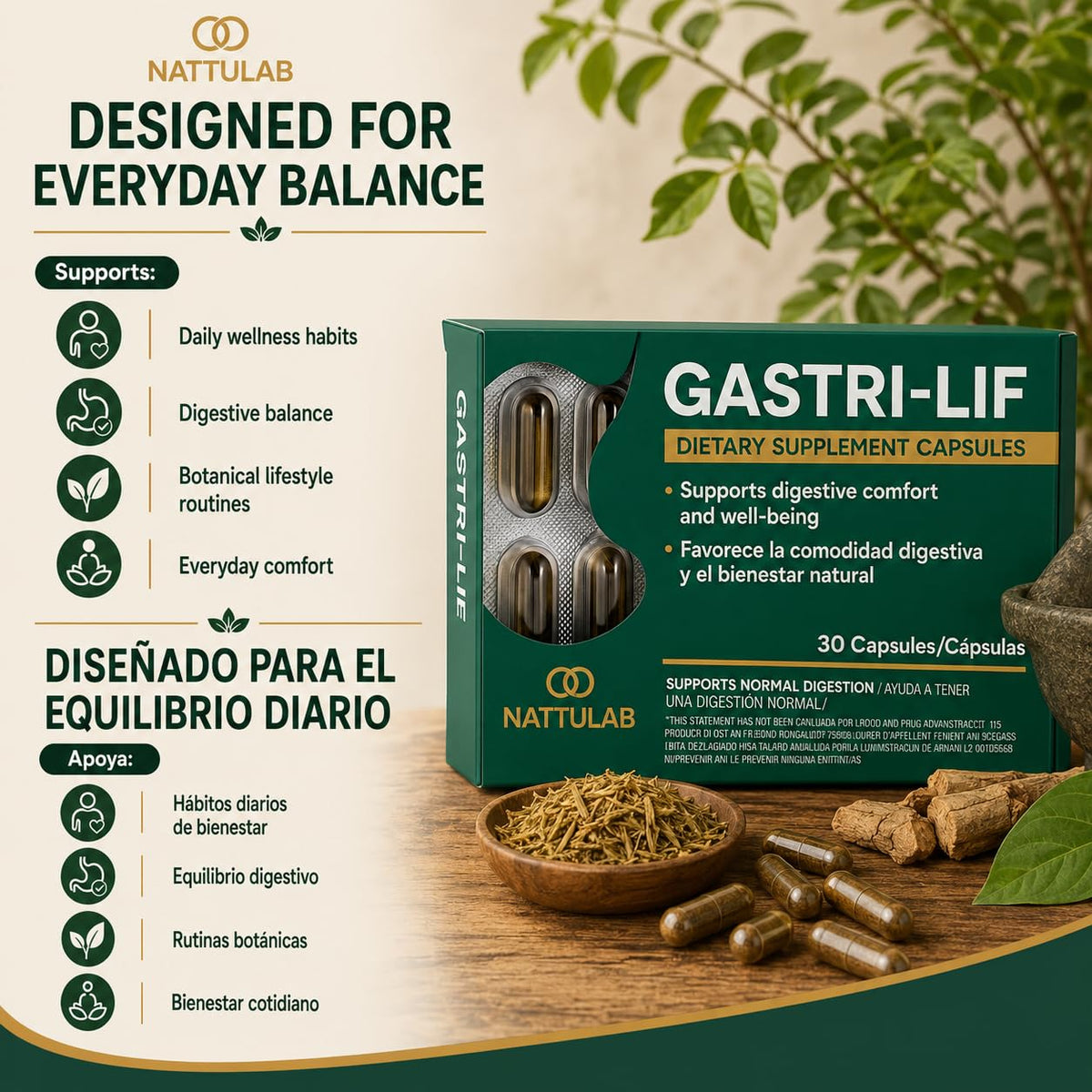Flacon de GASTRI-LIF avec capsules à côté