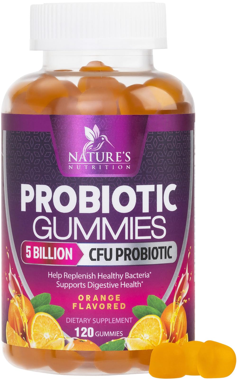 Flacon de gélifiés probiotiques Nature's Nutrition avec 120 gummies orange
