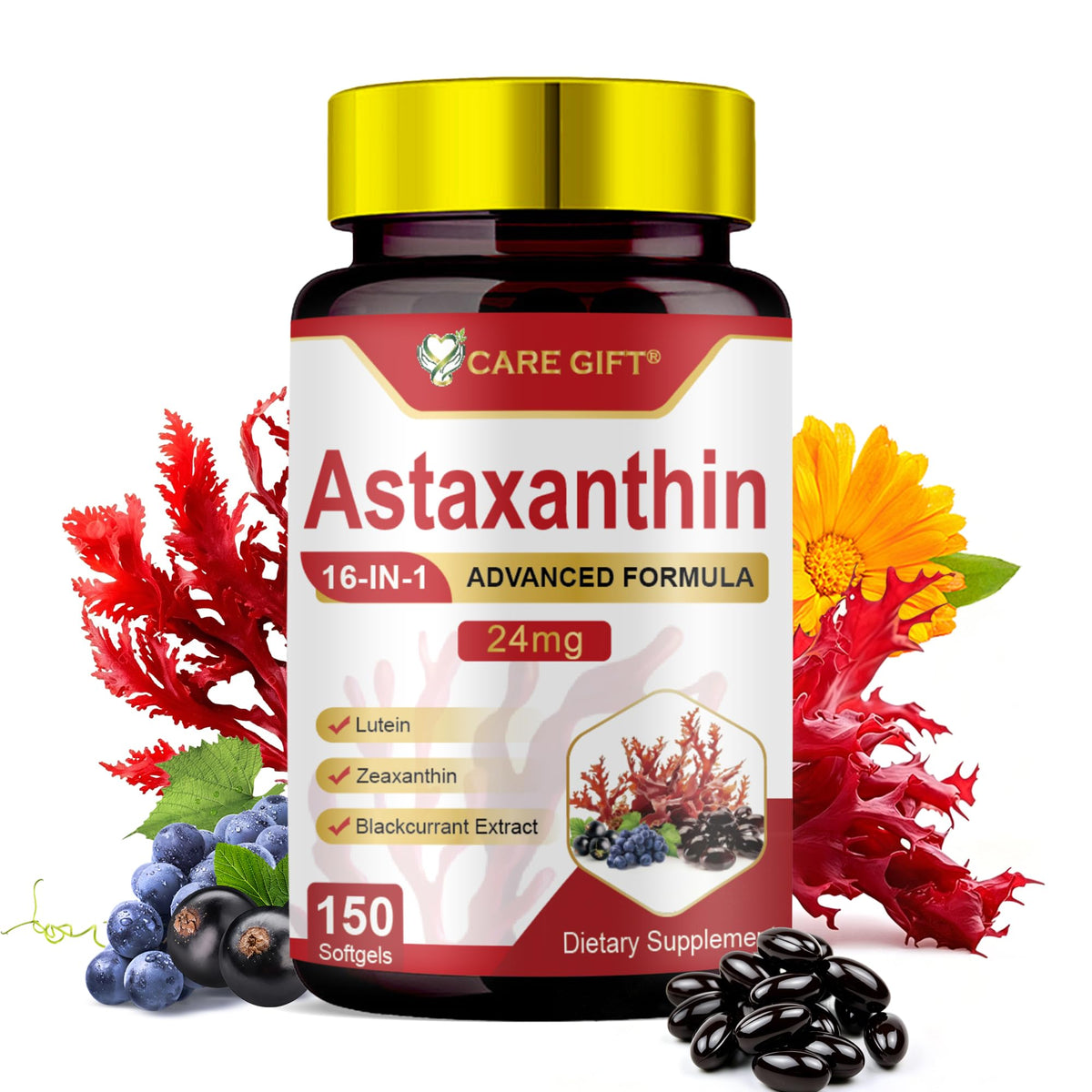 Flacon de gélules CARE GIFT Astaxanthine 24mg 150 gélules