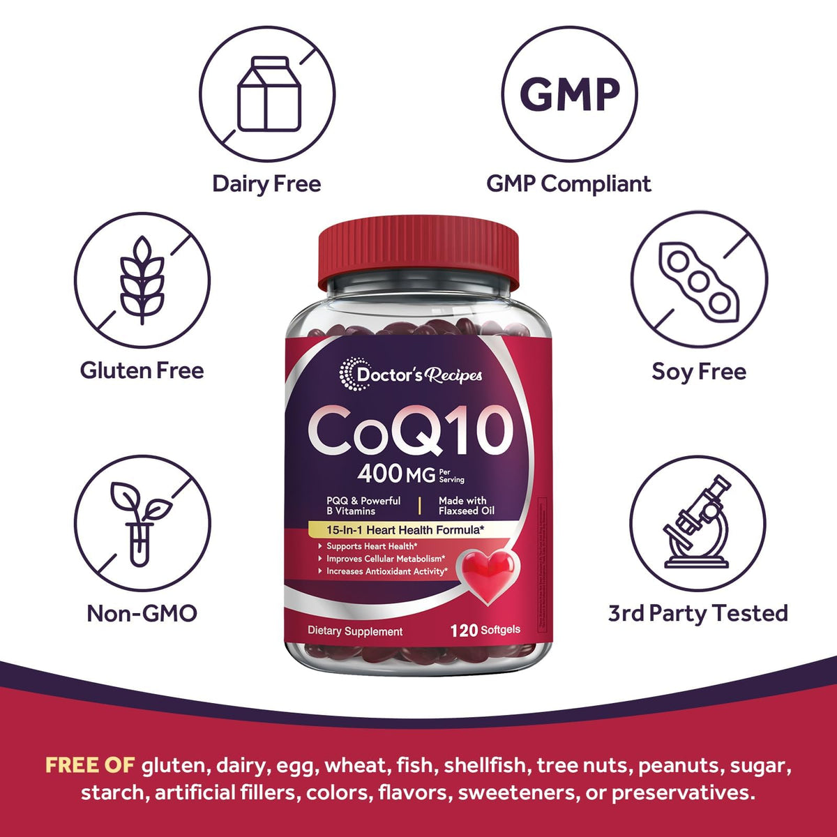 Flacon de gélules CoQ10 400mg Doctor's Recipes, étiquette