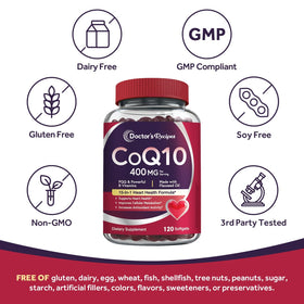 Flacon de gélules CoQ10 400mg Doctor's Recipes, étiquette