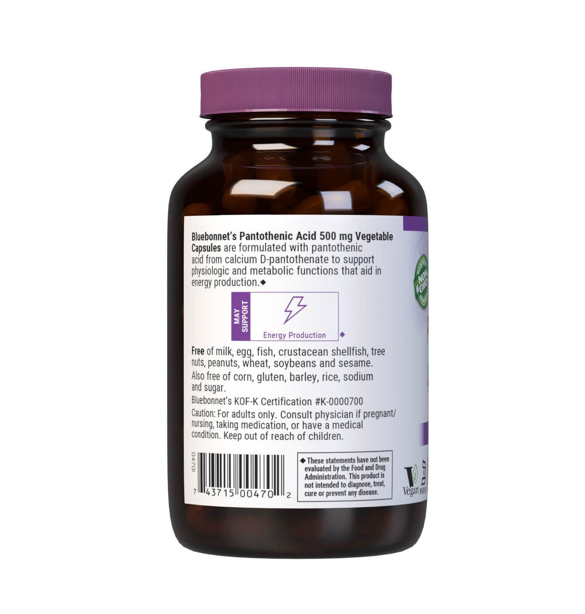 Flacon de gélules d'acide pantothénique BlueBonnet 500 mg sur fond neutre