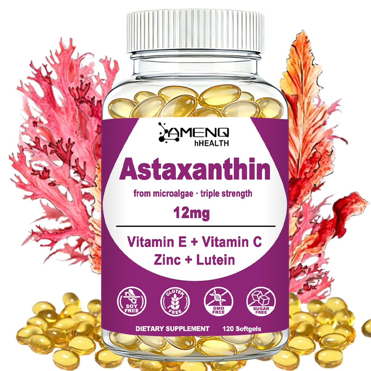 Flacon de gélules d'astaxanthine AMENQ hHEALTH 12mg, 120 unités