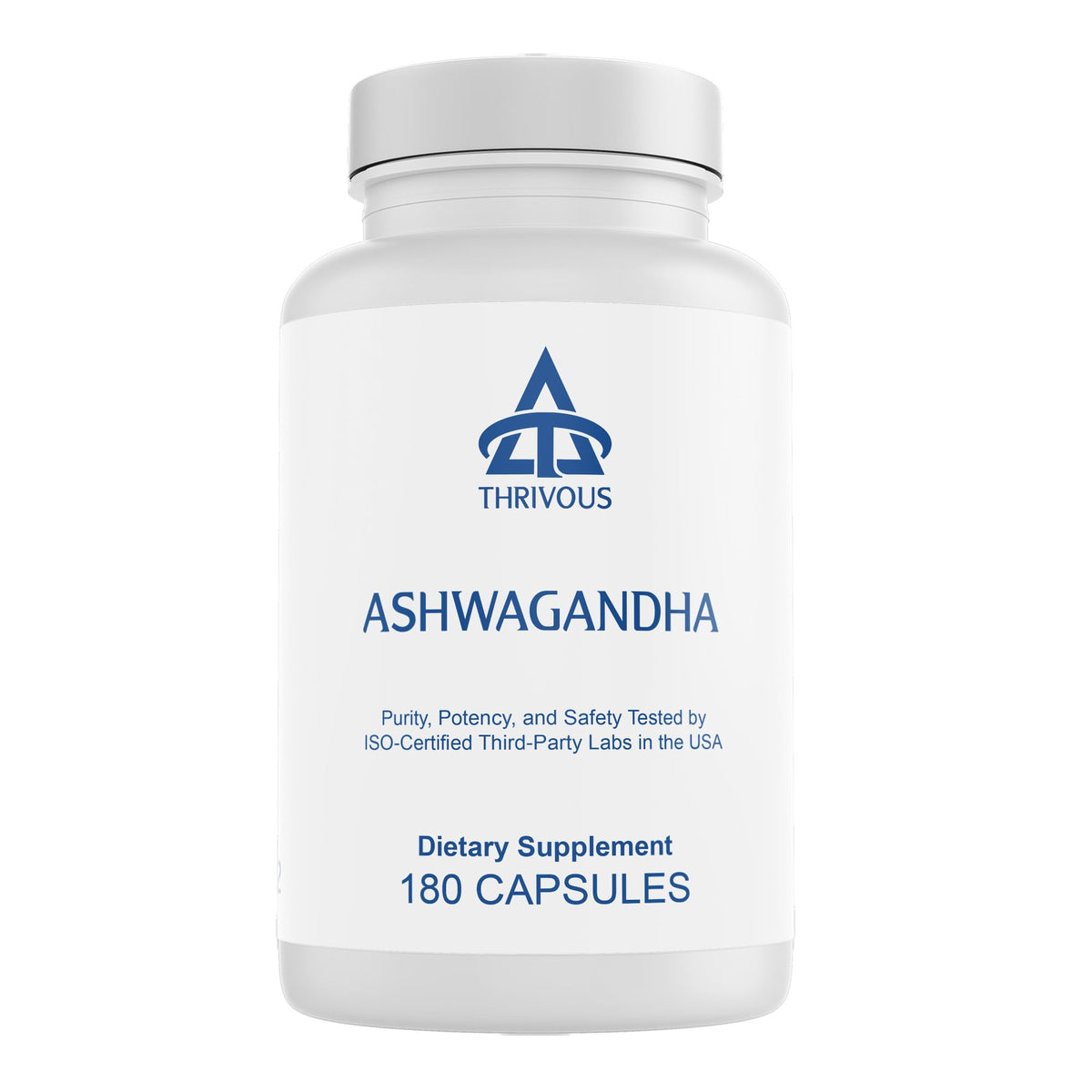 Flacon de gélules d'extrait de racine d'ashwagandha Thrivous vue de face