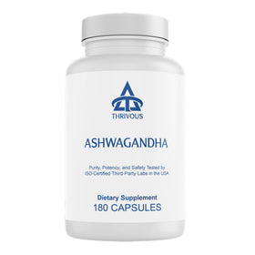 Flacon de gélules d'extrait de racine d'ashwagandha Thrivous vue de face