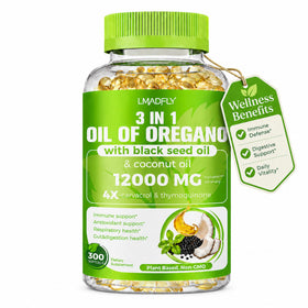 Flacon de gélules d'huile d'origan LMADFLY 300 softgels vue de face
