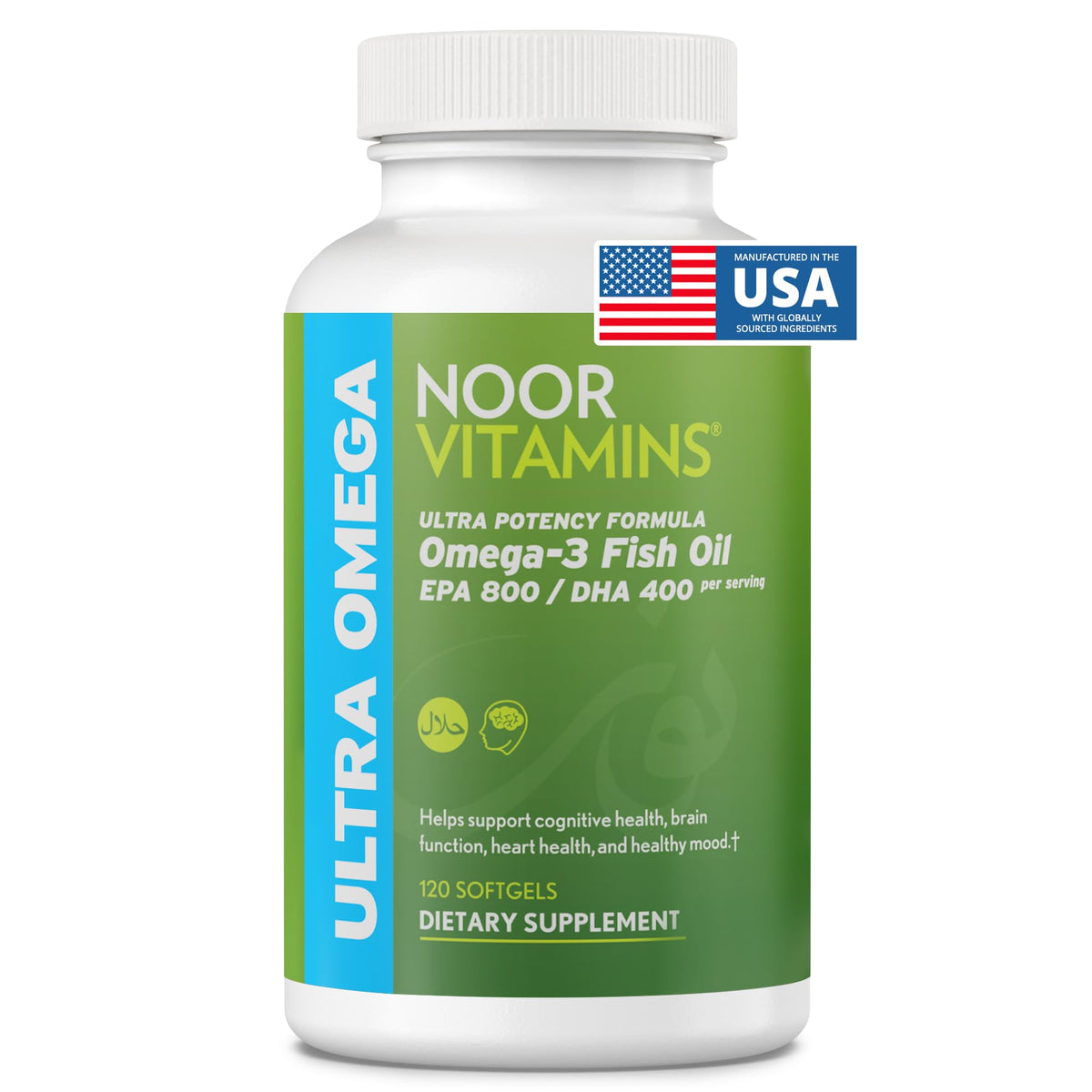 Flacon de gélules d'huile de poisson halal Noor Vitamins 2000 mg Omega 3
