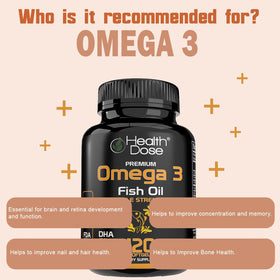 Flacon de gélules d'huile de poisson Omega 3 Health Dose sur une table