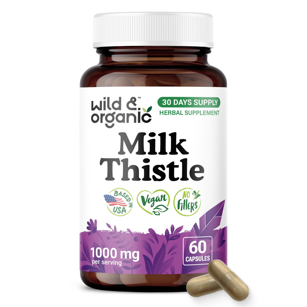 Flacon de gélules de chardon-marie Wild & Organic 1000 mg vue de face