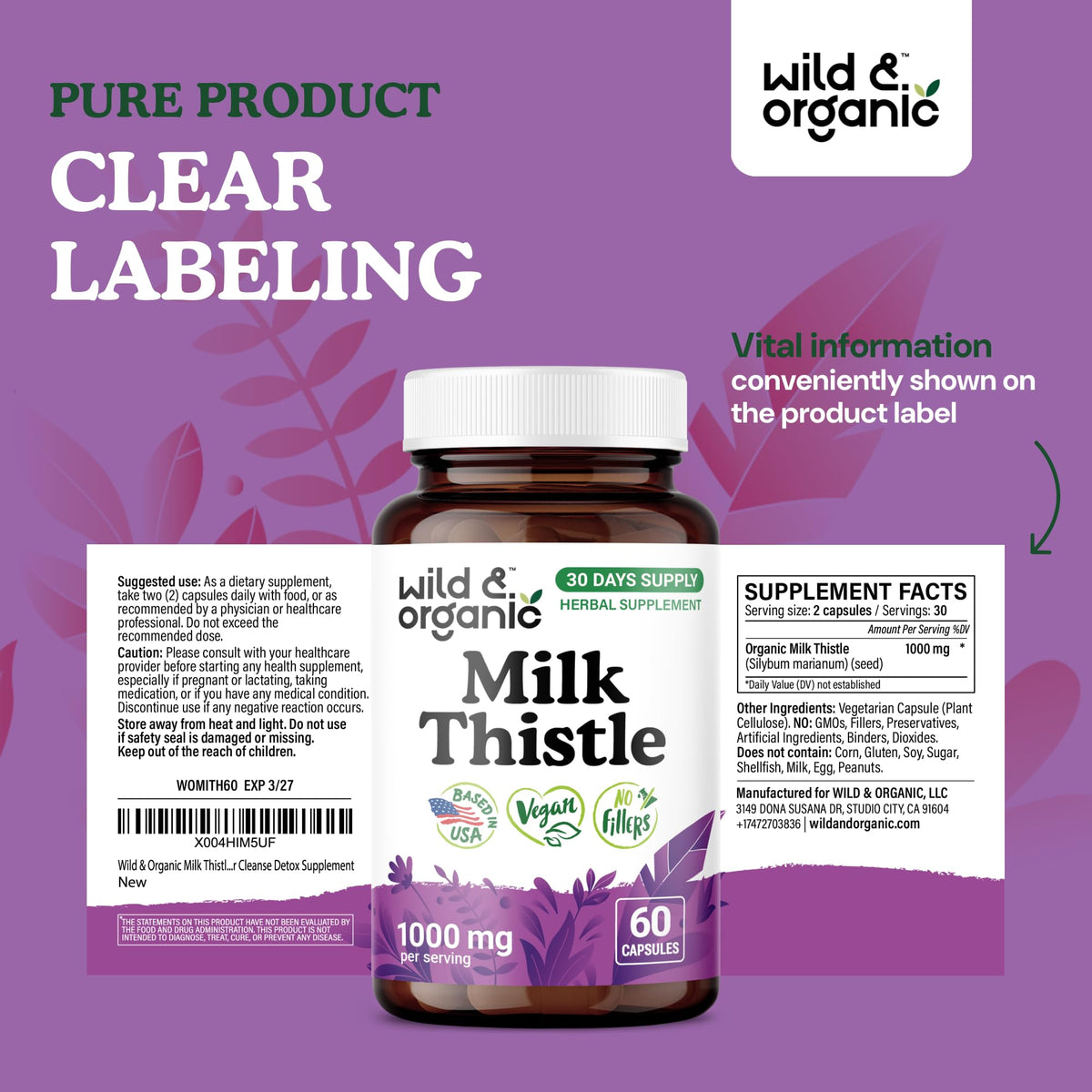 Flacon de gélules de chardon-marie Wild & Organic avec dosage