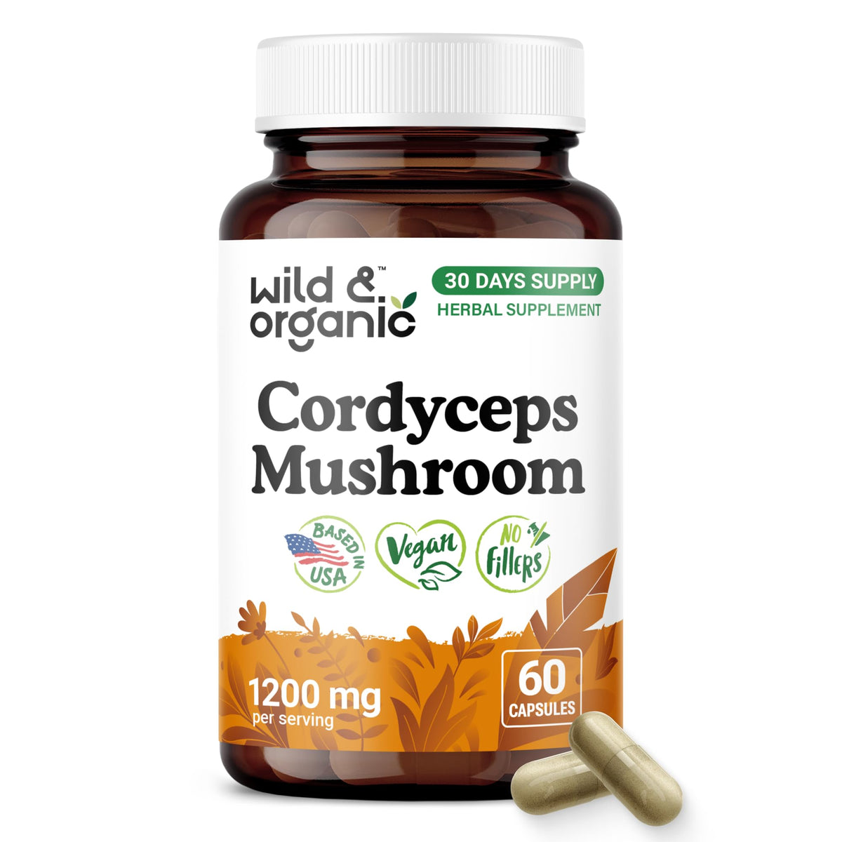 Flacon de gélules de Cordyceps Wild & Organic 1200 mg vue de face