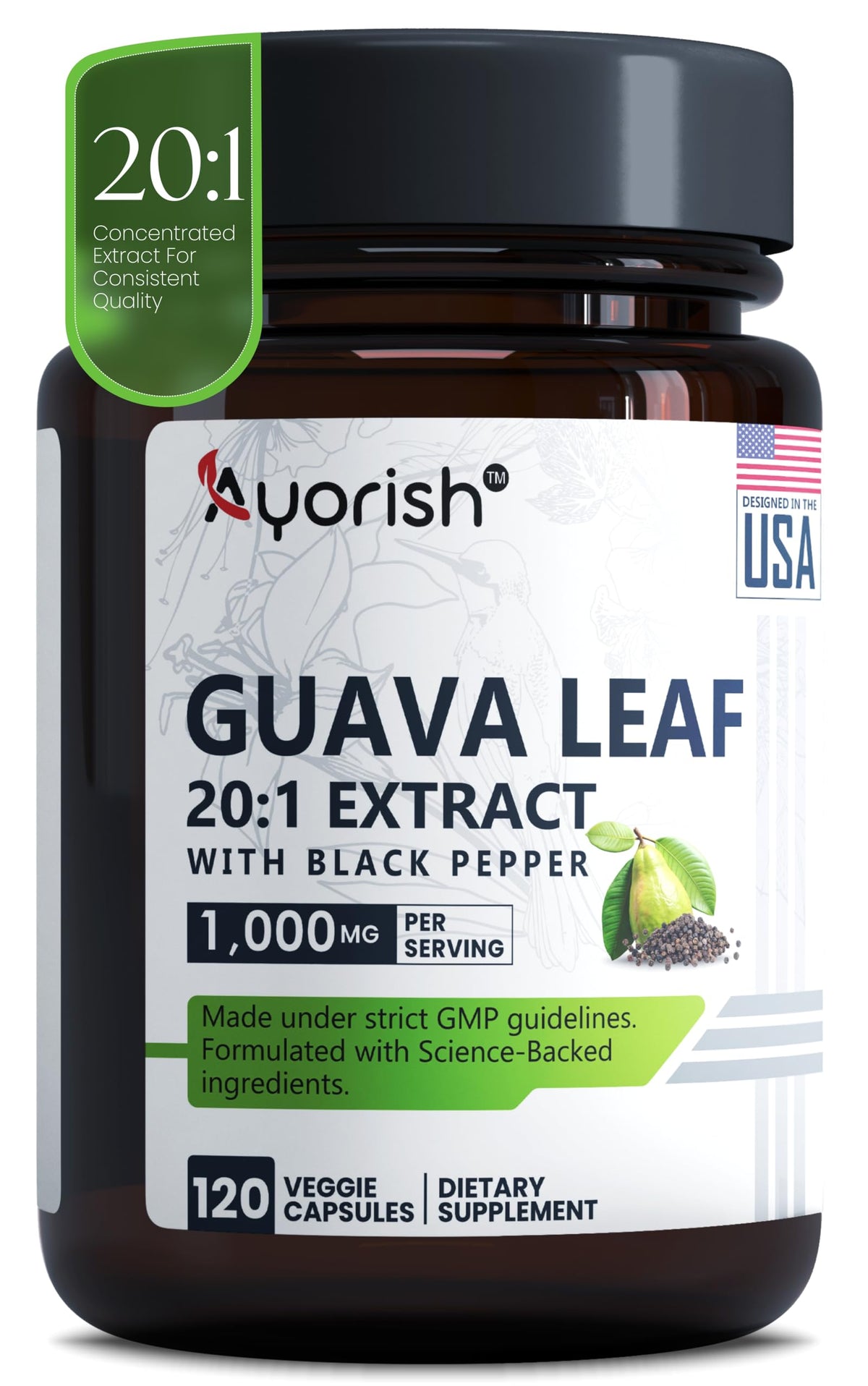 Flacon de gélules de feuille de goyave Ayorish 1000mg vue avant